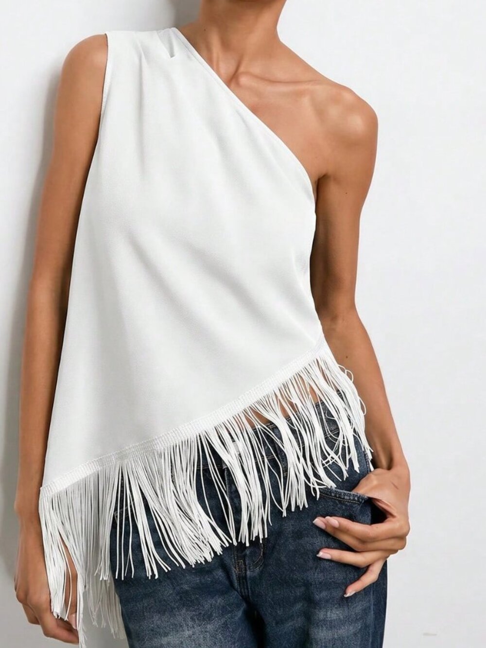 White Casual Women's One Shoulder Top With Tassel Hem Loose Elegant Party Night - Picture 5 of 6